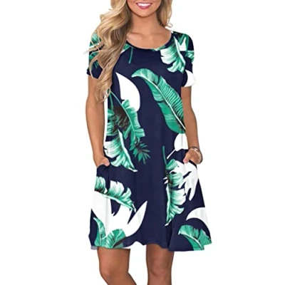 Image of AUSELILY Women&#039;s Summer Dresses Casual T Shirt Short Sleeve Dress Loose Swing with Pockets, Print Blue L