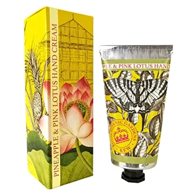 Image of The English Soap Company Royal Botanical Gardens Kew Hand Cream, Pineapple Moisturising Cream for Men and Women, Pink Lotus Scent 75ml