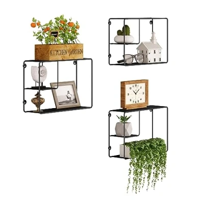 Image of EUGAD Floating Shelves 3 Tier Wall Shelf, Set of 3, Industrial Style Shelving Unit Decorative Corner Shelf Unit, Folding Small for Kitchen, Bathroom, Living Room, Bedroom, 38x11.5x25.5cm, Black