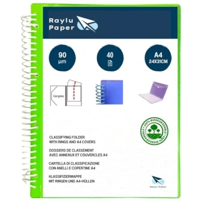 Image of Raylu Paper® Ring Folder with 90 Micron A4 Clear Sleeves and Envelope Velcro Closure, Customizable Cover, 100% Biodegradable Sleeve Binder (40 Pockets, Green)