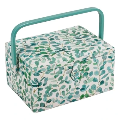 Image of Hobby Gift Exclusive Medium Sewing Craft Storage Box, Accessories Tray Pin Cushion Pocket PVC Handle, Wood, Fabric, Eucalyptus, (L/W/H) 25.5 x 18.5 14.5cm