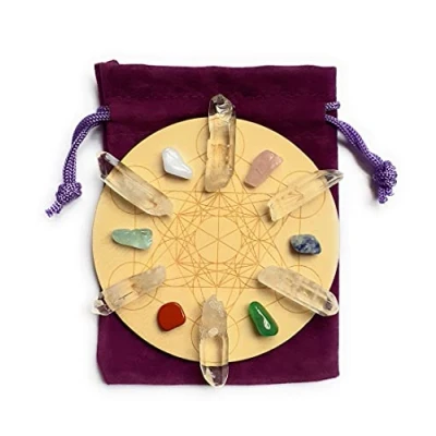 Image of Metatrons Cube Mini Crystal Grid Set Clear Quartz, Rose Sodalite, Aventurine, Red Jasper, Fluorite, Blue Lace Agate Crystals Reiki Charged