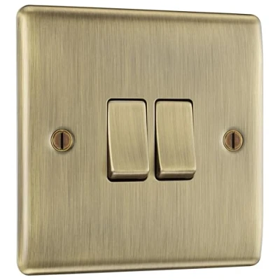 Image of BG Electrical Double Wall Light Switch, 2 Way, Raised and Slim Profile, Round Edges, Nexus Metal, Antique Brass, 20A, 16AX, NAB42