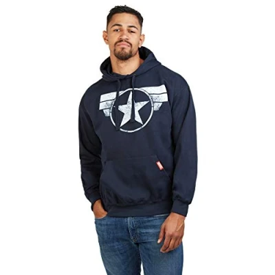 Image of Marvel Men&#039;s Captain America Cap Logo Hoodie, Navy Blue, M UK