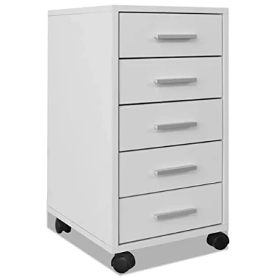 Image of vidaXL Office Storage Unit Durable, Modern Drawer Component with 5 Drawers, Made of Engineered Wood and MDF, White Aluminium Handles, Mobile Versatile Wheels