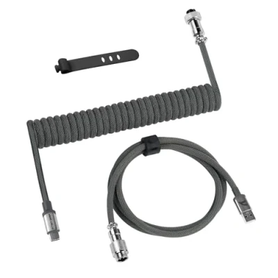 Image of ATTACK SHARK C01 PRO Coiled USB C Cable for Gaming Keyboard, Type to A, Custom Braided Double Sleeved Mechanical Keyboard Charger with Detachable Aviator Connector, Grey