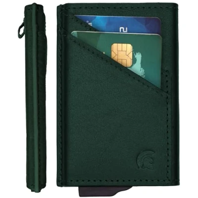 Image of POWR Card Holder Wallet. Racing Green Vegan Leather RFID for Men. Minimalist Wallet Credit Holders Pop Up Metal Slim