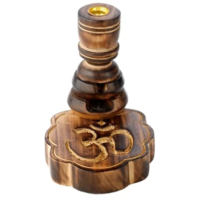 Image of Puckator Carved Om Mango Wood Backflow Incense Burner Zen Spiritual Modern Gothic Home Room Decor Decorations Meditation Accessories Stick Sticks Cone Holder Burners