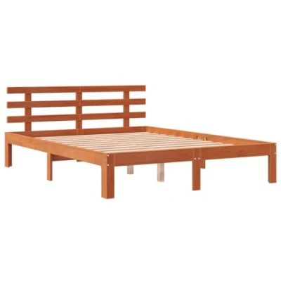 Image of vidaXL Bed Frame &amp; Headboard Solid Pine Wood in Wax Brown, 120x190 cm Small Double Size, Plywood Support Slats, Rustic Bedroom Furniture