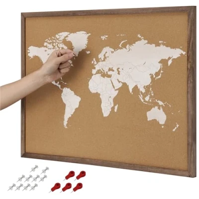 Image of Navaris Cork World Map Pinboard Wood Frame Board Poster Large Travel with Pins Boards for Walls Bedrooms Offices of The Wall Art Pin