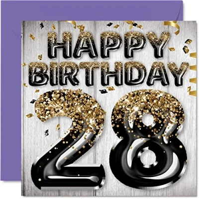 Image of 28th Birthday Card for Men Black &amp; Gold Glitter Balloons Happy Cards 28 Year Old Man Son Brother Uncle Cousin, 145mm x Twenty Eight Eighth Greeting Gift
