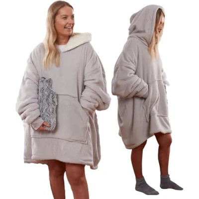 Image of Sienna Hoodie Blanket Ultra Soft Sherpa Fleece Warm Cosy Comfy Oversized Wearable Hooded Sweatshirt for Adults Teens Kids Big Pocket Silver Grey