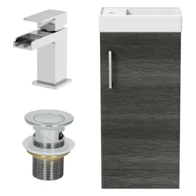 Image of AURORA® 400mm Freestanding Vanity Unit Furniture, Wash Basin Bathroom Sink With Mixer Tap, Soft Close Door, Storage Cabinet, Reversible, Charcoal Grey