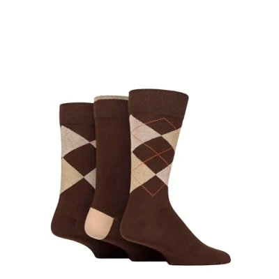 Image of Mens 3 Pair Glenmuir New Waverley Cotton Argyle Patterned and Plain Socks Brown 7 11