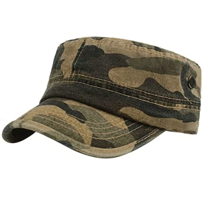 Image of Kangqifen Men Camouflage Army Cap Cotton Cadet Hat Military Flat Top Adjustable Baseball Brown
