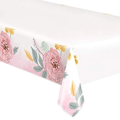 Image of Rectangular Plastic Table Cover Painted Floral Design Party Tableware