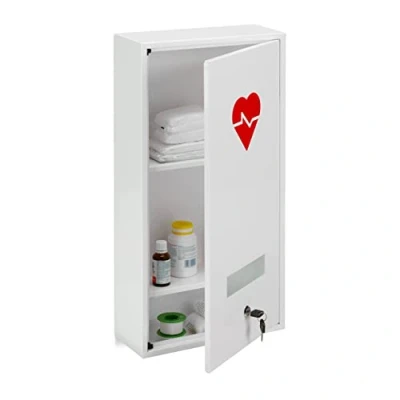 Image of Relaxdays Medicine Cabinet, Lockable, 3 Compartments, Steel, HxWxD: 60 x 30 12 cm, Double Door, First Aid, White, 100%