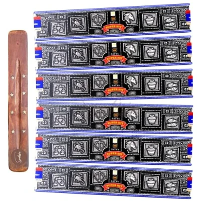 Image of Satya Nag Champa Super Hit incense sticks x6 pack with SAMASIA holder Used for Aromatherapy, Spa, Yoga, Weddings, Meditation, Healing, Positivity and Relaxation