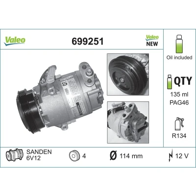 Image of 1854088, 1854103, 6854026 AC compressor VALEO 699251 6V12 12V PAG 46 R134a with oil NEW ORIGINAL PART