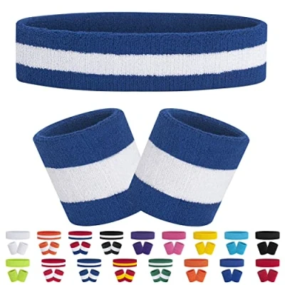 Image of FACATH Striped Sweatband Set Sports Headband Wristband Terry Cloth Athletic Exercise Basketball Wrist Band Headbands Moisture Wicking Sweat Absorbing Cotton Stripped