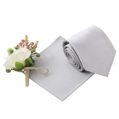 Image of DQT Plain Glossy Satin Polyester Wedding Classic Neck Tie and Pocket Square Set for Men in Silver