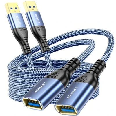 Image of XGMATT USB 3.0 Extension Cable (2M 2pack), Type A Male to Female 5Gbps Data Sync Extender Cord Compatible with Printer, Scanner, Keyboard, Oculus Rift,PS VR,HTC Vive,Card Reader,Camera,Blue
