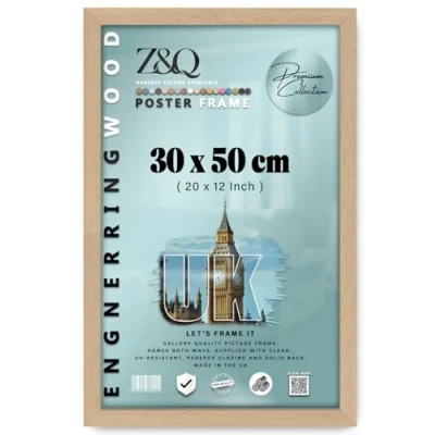 Image of Z&amp;Q Wall Mounted Poster Picture Frame Beech 30 x 50 cm Display Painting Photo Print With HD Clear Perspex Both Ways Hanging Hooks MDF Wood 30x15mm Moulding