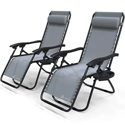 Image of VOUNOT Set of 2 Zero Gravity Sun Loungers, with Cup Holder and Phone Hoder, Adjustable Textoline Reclining Garden Chairs, Grey