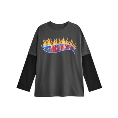Image of Hot Wheels Boys Skater Long Sleeve T Shirt Kids Flame Logo Graphic Tee in Grey &amp; Black Iconic Racing Car Apparel Top Toy Collectors Merchandise Gift
