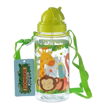 Image of Puckator Zooniverse Kids Drinks Bottle With Straw Reusable Water For Girls And Boys An Attached Long Strap Bpa Free School Nursery Cute Jungle Animals Design Pp 450ml