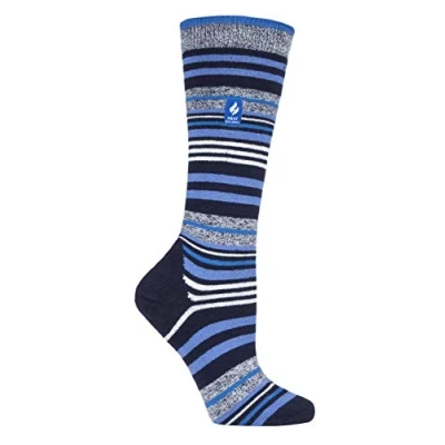 Image of HEAT HOLDERS LITE Ladies Thermal Ultra Thin Funky Ski Socks Knee High Length with Padded Heel &amp; Toe (4 8 UK, Dark Blue Stripe)