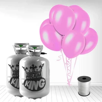 Image of Disposable Helium Gas Cylinder with 30 Balloons and Curling Ribbon included (Crystal Pink, Pack of 2)