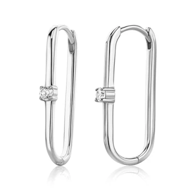 Image of Miore Women&#039;s Long Square Hoop Zirconia Earrings in 925 Solid Sterling Silver with 2 Brilliant Solitaire White Cubic Gemstones 0.25 Cts