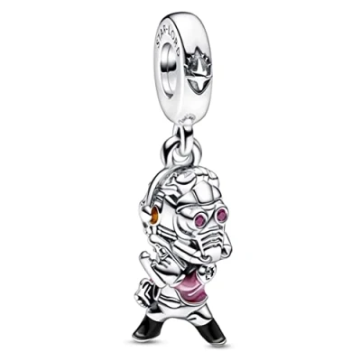 Image of Marvel Star Lord sterling silver dangle with red cubic zirconia, transparent red, black and orange enamel