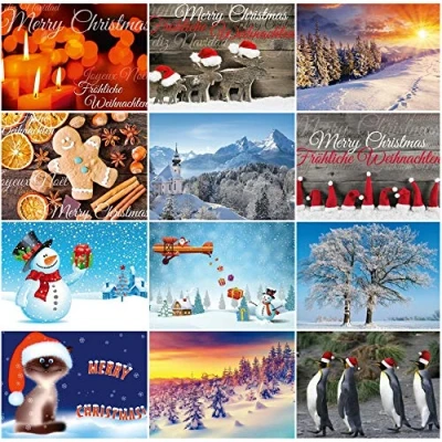 Image of 12 Christmas Cards in a Set: Motifs Colourful Mix of Nostalgia Postcards, Winter Landscapes and Funny Postcards by Edition Colibri