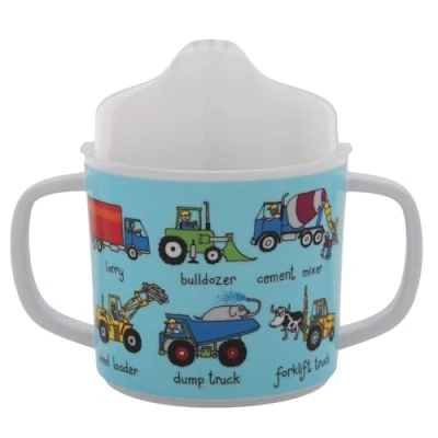 Image of Tyrrell Katz Two Handled Sippy Cup for Toddlers, Free Flow (No Valve), Removable Lid Transition to Open Beaker, Anti Slip Base, BPA Free, Detailed Trucks Illustrations