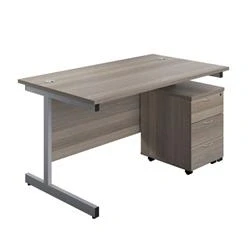 Image of 1400X800 Rectangular Desk Grey Oak Silver &amp; 3 Drawer Pedestal Bundle