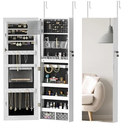 Image of HOMCOM Jewellery Cabinet with LED Lights, Door Hanging or Wall Mounted Full Length Mirror Storage, Lockable Organiser, White Surface and Black Lining