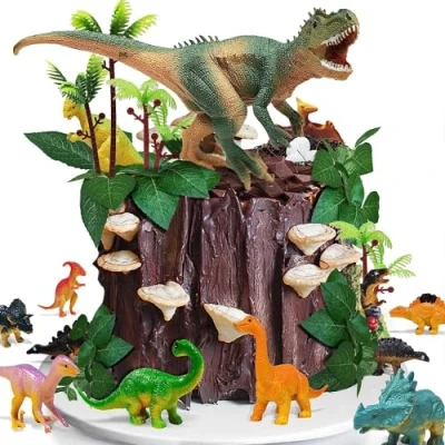 Image of 26 PCS Dinosaur Cake Toppers With Eggs Leaves Trees Decorations For Birthday Party,Dinosaur Themed Party, Wild Animals Party,Kids Party (Dinosaur)