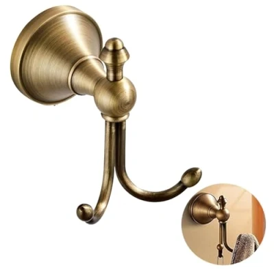 Image of Vintage Brass Towel Hook Hanger Double Robe Hooks Wall Mounted for Bathroom Bronze Antique Clothes