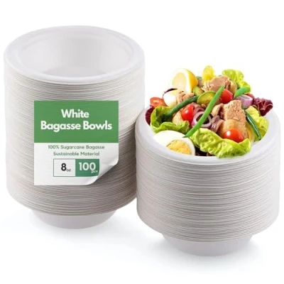 Image of CaterCo Bagasse Sugarcane 8oz / 240ml Bowls Strong, Disposable, Biodegradable, Compostable Eco Friendly White Paper Bowl for Soup, Salad, Dessert, Party, BBQ 100 Pack