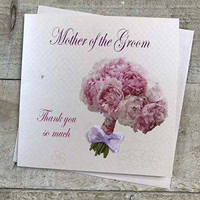 Image of WHITE COTTON CARDS Mother of The Groom Thank You So Much Wedding Handmade Card with Bouquet, White, PD13,13.5cm x 13.5 cm