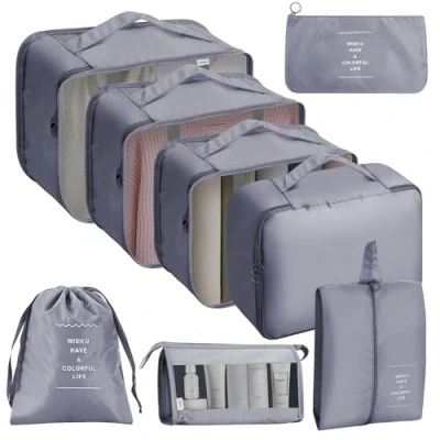Image of ASAB 9Pcs Packing Cubes for Travel Suitcases Portable Space Saving Double Zippered Suitcase Organiser Bags with Buckle Design Shoes Cosmetics Toiletries Waterproof Luggage Storage (Grey)