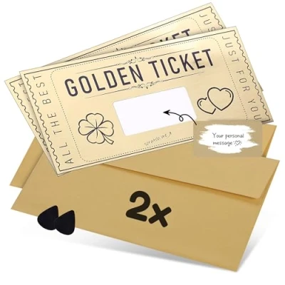 Image of DasWas 2 x Golden Ticket Gift Voucher to Fill Yourself with Scratch Sticker Cards &amp; Make Personalised in Sparkling Envelope + Tool