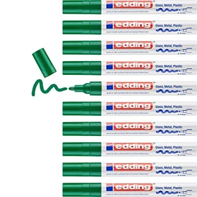 Image of edding 750 gloss paint marker green 10 markers round tip 2 4 mm pen for glass, pebbles, wood, plastic, paper waterproof, high coverage