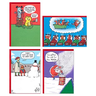 Image of Hallmark Shoebox Funny Boxed Christmas Cards Assortment, Festive Cartoons (4 Designs, 24 with Envelopes), greygreenbluered