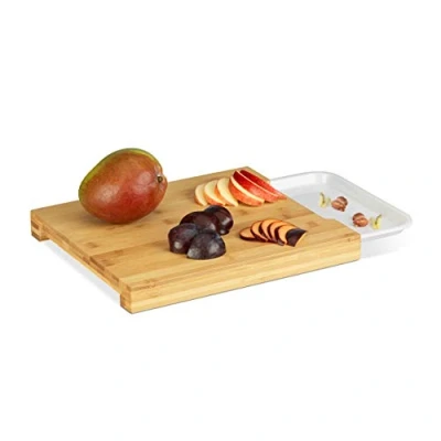 Image of Relaxdays 10022771 Bamboo Board, Pull Out Tray for Cuttings, Food Safe, HWD: 3x30x25 cm, Natural/White