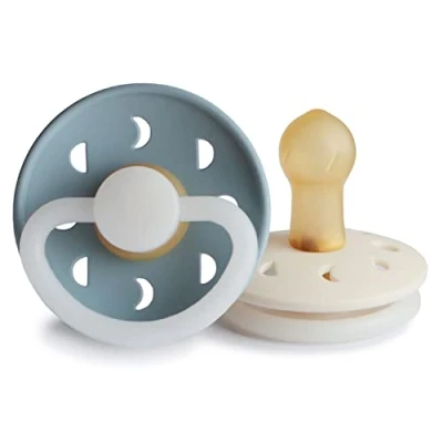 Image of FRIGG Moon Phase Night Latex Pacifier Pack of 2 Natural Rubber Soother Glow BPA Free Made in Denmark Symmetrical Cherry Shaped Nipple (Stone Blue Night/Cream Night, Size 1 (0 6 Months))