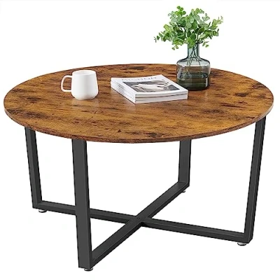 Image of VASAGLE Round Coffee Table, Industrial Style Cocktail Durable Metal Frame, Easy To Assemble, for Living Room, Bedroom, Rustic Brown and Black LCT88X