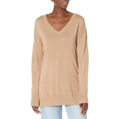 Image of Amazon Essentials Women&#039;s Lightweight Long Sleeved V Neck Tunic Sweater (Available in Plus Size), Camel Heather, XXL